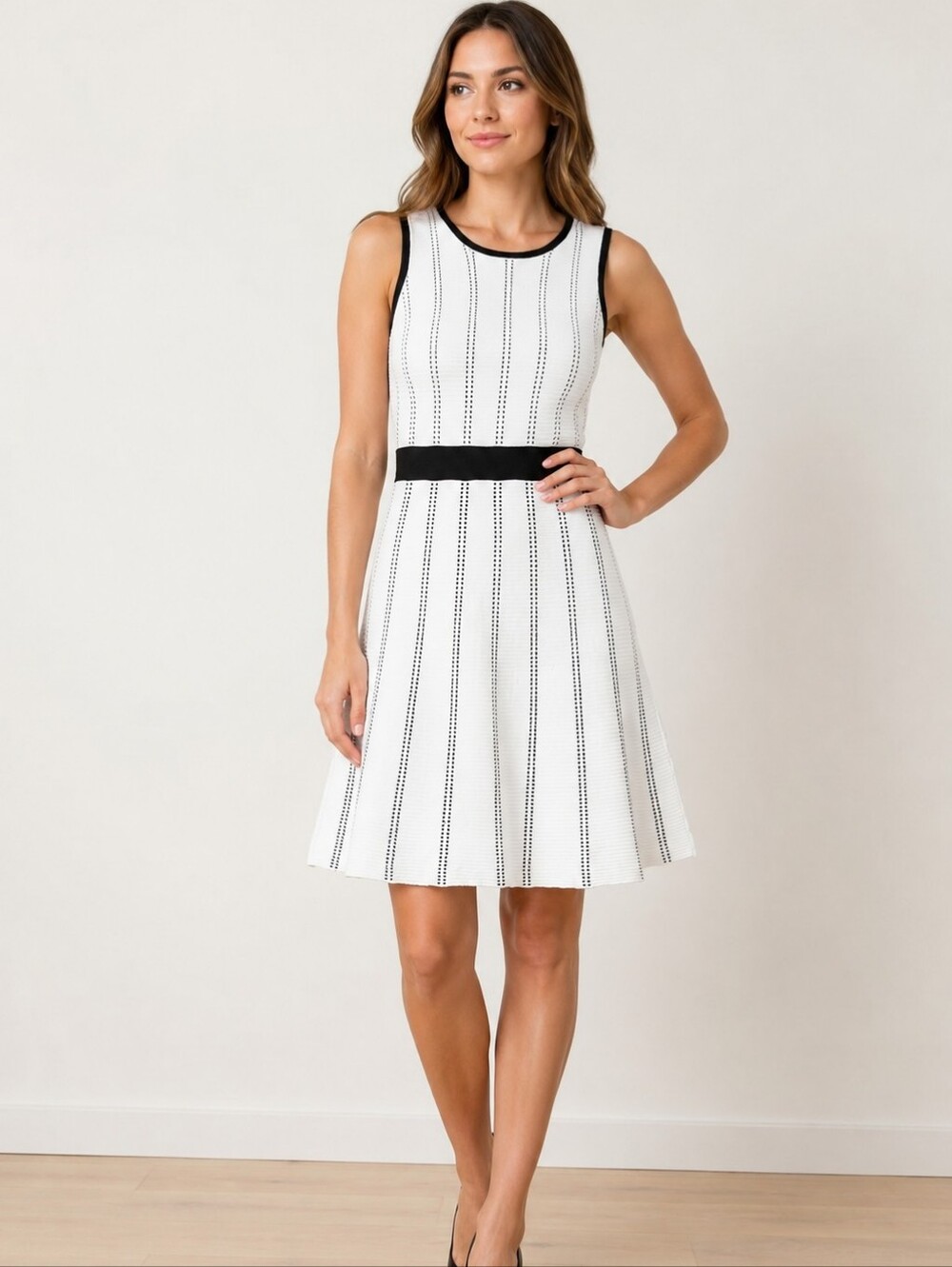 Ann Taylor Rib Knit Fit & Flare Dress Tennis Style White Black Trim Sz M